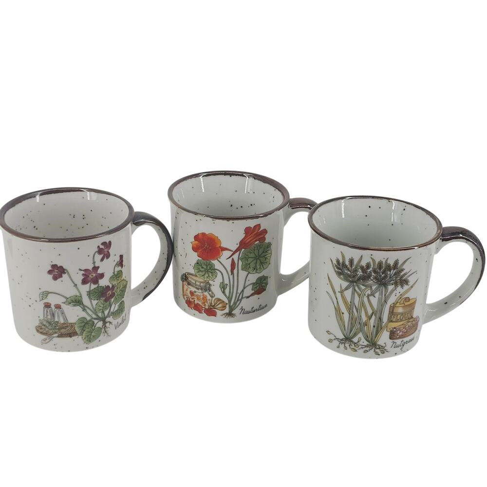 Lot of 3 Vintage 1970s Takahashi 11oz Mugs Floral Botanical Cottage MCM Japan